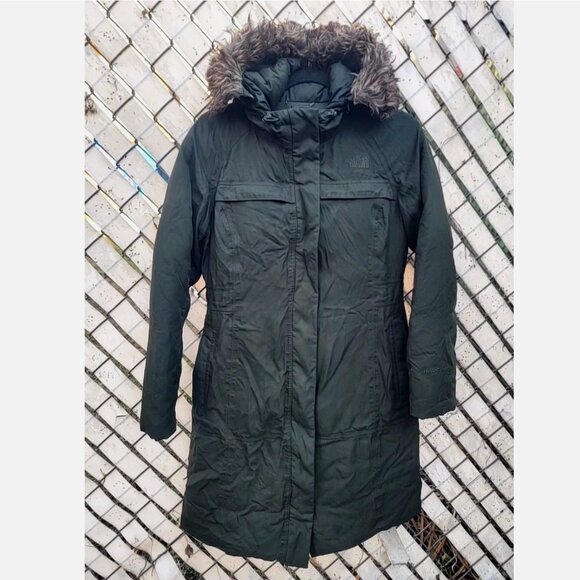 THE NORTH FACE Arctic Parka Goose Down Long Olive Green Puffer Coat Hood Women S - Picture 1 of 16